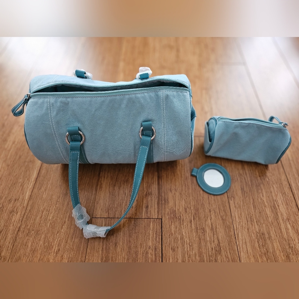 Elegant Blue Women's Bag With Pouch In Fabric And Mirror